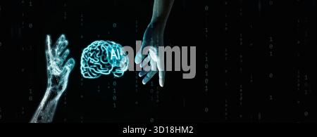 Intelligenza artificiale all'interno di un cervello digitale tra mani umane e robotiche con background di codice binario. INTELLIGENZA ARTIFICIALE e connessione uomo, fiducia, collaborazione Foto Stock