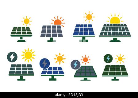 Icone dei pannelli solari che illustrano la generazione di energia rinnovabile, insieme vettoriale. Illustrazione Vettoriale