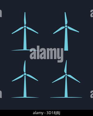 Raccolta di simboli dell'energia eolica e dell'energia verde su sfondo scuro. Illustrazione Vettoriale