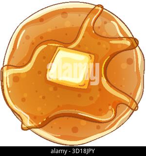 Illustrazione vettoriale di pancake ricoperti di burro e sciroppo, tavolozza di colori caldi, vista dall'alto Illustrazione Vettoriale