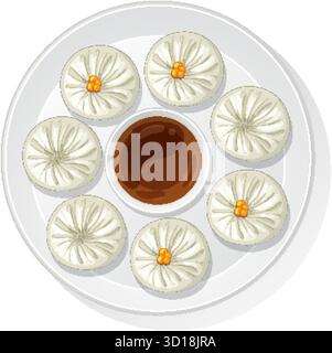 Illustrazione vettoriale di gnocchi cotti a vapore disposti intorno alla salsa immersiva, vista dall'alto verso il basso, stile pulito Illustrazione Vettoriale