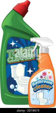 Due flaconi colorati per prodotti detergenti con etichette, stile vettoriale, isolati su sfondo bianco Illustrazione Vettoriale