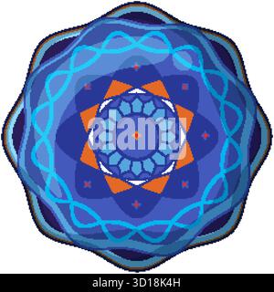 Mandala vettoriale simmetrico con sfumature blu, evidenziazioni arancioni, motivi floreali e forme geometriche a strati Illustrazione Vettoriale