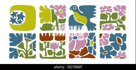 Piastrelle quadrate in boho organico con forme floreali astratte. Elementi decorativi botanici disegnati a mano con fiori e foglie, uccello e luna con stelle per stampe tessili o carta da parati. Illustrazione Vettoriale