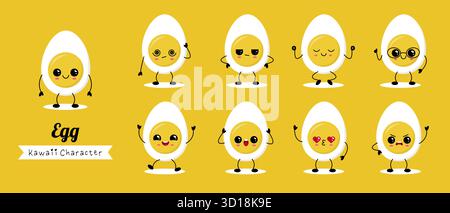 Set vettoriale di caratteri uovo in stile kawaii che mostrano emozioni diverse. Adorabili illustrazioni di cibo a cartoni animati per adesivi, stampe e progetti per bambini. Illustrazione Vettoriale