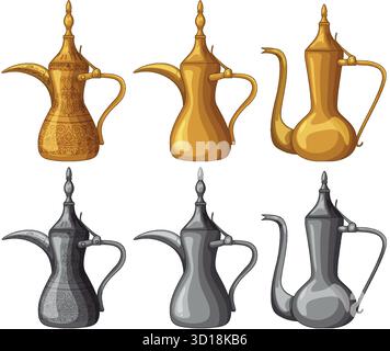 Sei caffettiere arabe ornate, oro e argento, isolate su bianco, dettagliate illustrazioni vettoriali Illustrazione Vettoriale