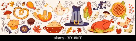 Icone della cena del Ringraziamento con tacchino arrosto, torta di zucca e simboli del cibo di stagione. Vendemmia autunnale elementi di cappello pellegrino, mais e teiera, uva e funghi, foglie decorative festose. Illustrazione Vettoriale