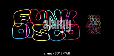 Carattere squadrato arrotondato alfabeto lineare pesante grassetto composizione lettere colorate e divertenti per il titolo del logo Funky disco, compleanno dei bambini, colore insolito Illustrazione Vettoriale