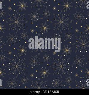 Fiocchi di neve dorati su sfondo blu scuro. Il motivo senza cuciture per il Capodanno natalizio. Stampa di lusso con stelle dorate scintillanti per tessuti e confezioni Illustrazione Vettoriale