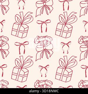 Motivo Coquette party crayon senza cuciture. Bouquet di fiori, confezione regalo con arco beige senza fine e sfondo rosso. Motivo superficiale per un compleanno stravagante, noi Illustrazione Vettoriale