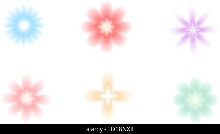 Icone di fiori Y2K con sfumatura di sfocatura multicolore. Texture aura simboli floreali forme. Set di gradazioni rosso, blu e rosa. Vector semplifica i fiori selvatici per Illustrazione Vettoriale