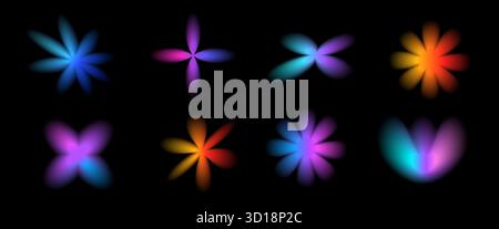 Icona colorata dei fiori al neon y2k gradiente. Gradazione forme floreali. Adesivo traslucido sfocato con fiori selvatici. Tulipani retrò lisci, margherita. Blurr Illustrazione Vettoriale