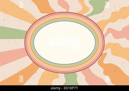 Sagoma per striscioni con telaio scanalato ovale. Boxer di testo a forma di ellisse con strisce arcobaleno. Bordi su sfondo stellato in difficoltà. Retrospettiva vettoriale Illustrazione Vettoriale