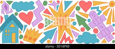 Set trafilato di pastelli per bambini ingenui. Casa, sole e hopscotch. Simpatico sfondo della collezione di icone scarabocchi per bambini. Disegni di gesso infantile. Mano d Illustrazione Vettoriale