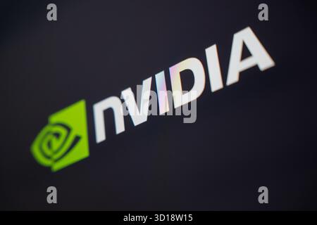 18 ottobre 2025 - Tashkent, Uzbekistan: Una vista ravvicinata del logo NVIDIA visualizzato sullo schermo di un computer, che mostra il design e i colori iconici del marchio. Foto Stock