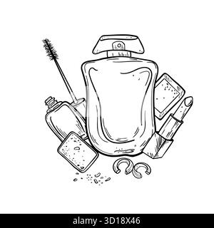Illustrazione vettoriale in bianco e nero con flacon in vetro, gioielli e cosmetici per il trucco. Disegno a inchiostro per la festa della mamma. Biglietti di auguri donna. Femminile Illustrazione Vettoriale