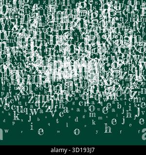 Lettere di lingua inglese cadenti. Caratteri gessati bianchi dell'alfabeto latino. Concetto di studio delle lingue straniere. Banner di ritorno a scuola sullo sfondo della lavagna. Illustrazione Vettoriale