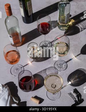Bottiglie e bicchieri di vino con ombre su sfondo grigio. Foto Stock