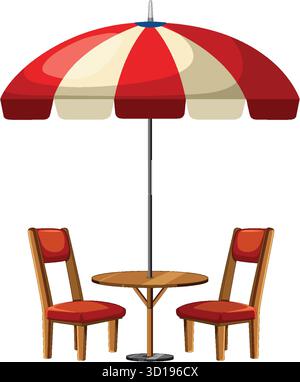 Illustrazione vettoriale di un tavolo da patio, due sedie e un grande ombrello a righe rosse, in stile piatto Illustrazione Vettoriale