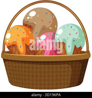 Divertente illustrazione vettoriale di coni colorati per gelato con spruzzette in un cestino intrecciato. Illustrazione Vettoriale