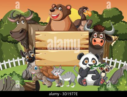 Illustrazione vettoriale colorata di vari animali con cartelli in legno, stile cartoni animati, ambiente esterno Illustrazione Vettoriale