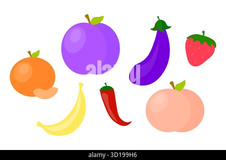 Impostare frutta e verdura. Raccolta di alimenti sani. Assortimento vettoriale organico. Prodotti da giardino naturali. EPS 10. Illustrazione Vettoriale