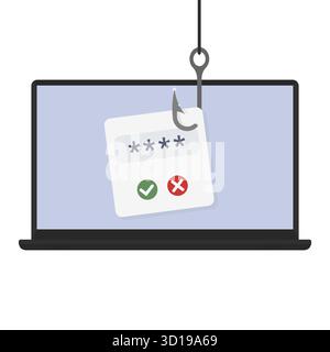 Concetto di attacco di phishing con Hook and password Theft sullo schermo del notebook Illustrazione Vettoriale