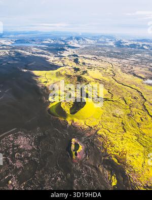 Vista aerea di un netto contrasto tra la terra vulcanica nera e il muschio verde vibrante che copre i crateri Lakagígar, Skaftárhreppur, Islanda. Foto Stock