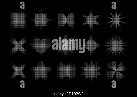 Set di eleganti forme y2k bianche con mezzitoni o grana isolata su sfondo nero. Forma astratta a stella, fiore e cuore punteggiata con effetto pixel. Illustrazione grafica vettoriale. Illustrazione Vettoriale