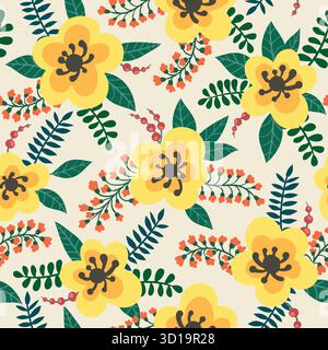 fiori, piante, rami e bacche gialli con motivo floreale su sfondo bianco. Design biglietto d'auguri e invito al matrimonio, felice festa della mamma Illustrazione Vettoriale