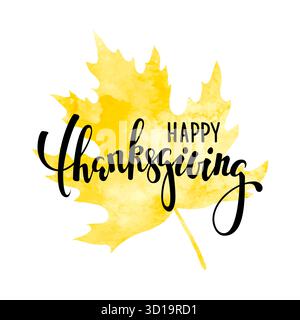 felice ringraziamento su foglia d'acero giallo acquerello. Calligrafia disegnata a mano e scrittura a pennello. disegna il biglietto di auguri e l'invito per le festività Illustrazione Vettoriale