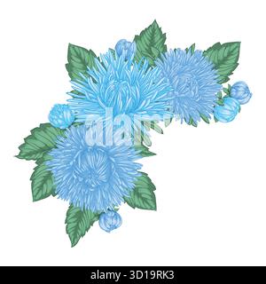 bellissimo bouquet con assaggi e foglie blu. Composizione floreale. Disegna il biglietto d'auguri e l'invito al matrimonio, al compleanno, a San Valentino, alla falena Illustrazione Vettoriale