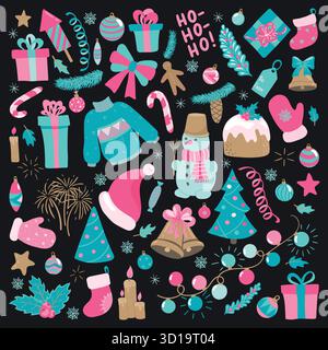 Buon anno e buon Natale. Collezione di elementi natalizi per biglietti d'auguri per le feste di design e inviti al Merry Christmas An Illustrazione Vettoriale