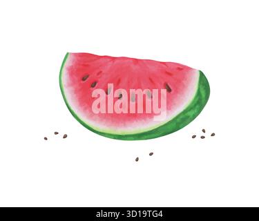 Fetta di anguria su sfondo bianco, frutta estiva, illustrazione vettoriale. disegna il biglietto d'auguri e l'invito per le vacanze estive stagionali Illustrazione Vettoriale