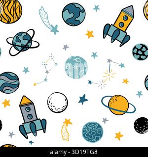 Fantasia infantile senza cuciture. elementi spaziali disegnati a mano spazio, razzo, stella, pianeta, sonda spaziale. Illustrazione vettoriale per bambini alla moda per l'imballaggio e il poster Illustrazione Vettoriale