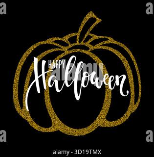 Buon halloween con la silhouette di zucca dorata. Calligrafia creativa disegnata a mano e scrittura a pennello. disegna il biglietto di auguri e l'invito per le festività Illustrazione Vettoriale