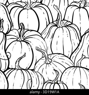 Motivo senza cuciture con zucca bianca e nera disegnata a mano. Grazioso tessuto senza cuciture con motivo autunnale. progettare biglietti d'auguri e inviti Illustrazione Vettoriale