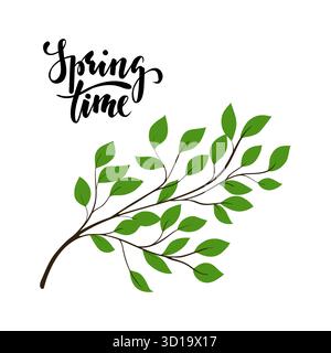Ramo albero semplice con foglie verdi. pianta vettoriale, isolata su sfondo bianco con scritta spring time. Elemento di design per logo e biglietto d'auguri Illustrazione Vettoriale