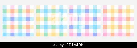 Stampa vichy a scacchi, tovaglia picnic a quadri, set vettoriale con motivo a righe senza cuciture in vichy. Tradizionali sfondi quadrati di Vichy. Telo da tovagliolo, coperta a griglia, motivo scozzese da cucina in colori pastello Illustrazione Vettoriale