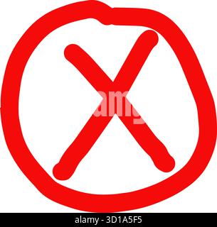 Vettore simbolo errore negato disegnato a mano rosso x trasversale isolato su bianco che mostra rifiuto errore avviso o annullamento perfetto per avviso Illustrazione Vettoriale