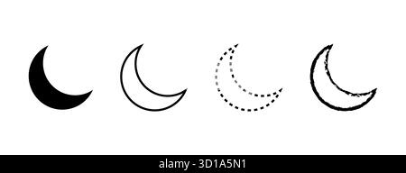 Set vettoriale Crescent Moon con contorno pieno e stili tratteggiati, perfetto per astrologia celeste del cielo notturno o temi di design spirituale con modernità Illustrazione Vettoriale