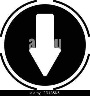Cerchio nero con freccia giù bianca simbolo vettoriale minimo che rappresenta il concetto di download o direzione perfetto per l'interfaccia digitale delle moderne app Web Illustrazione Vettoriale