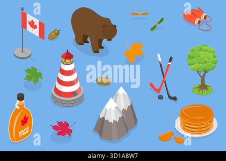 Illustrazione piatta isometrica 3D della collezione Canada, attributi culturali tradizionali illustrazione piatta isometrica 3D della collezione Canada, attributi culturali tradizionali Foto Stock
