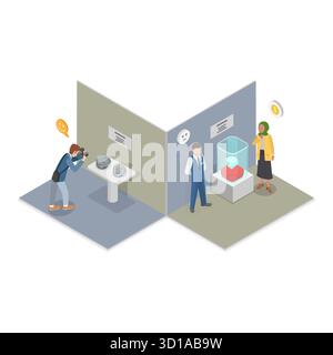 Illustrazione piatta isometrica 3D delle arti e Paleontologia Museum, Gallery Exhibition. Componente 1 Foto Stock