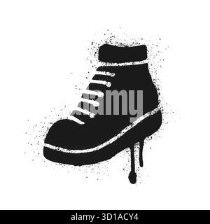 Sneaker nera icona graffiti realizzata in vernice spray su sfondo bianco. Street art urbana che raffigura una scarpa con vernice e grunge Illustrazione Vettoriale