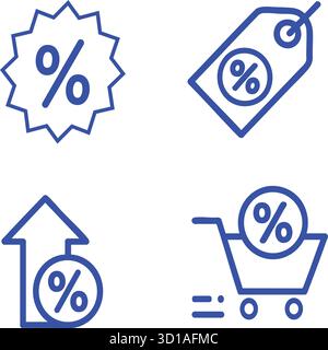 Set di icone blu sconto sconto in percentuale Illustrazione Vettoriale