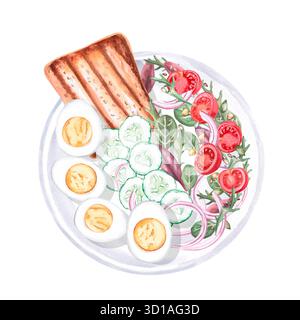 Piatto con colazione vegetariana: Toast, cetrioli, pomodori, uova sode, verdure. Illustrazione isolata ad acquerello sul tema del cibo per i desideri Foto Stock