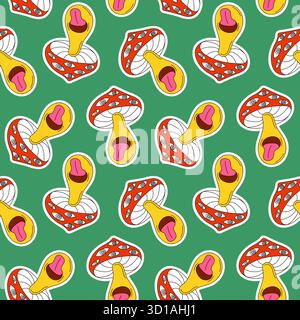 Motivo senza cuciture di funghi psichedelici colorati con occhi e linguetta sporgente su uno sfondo verde in stile cartoni animati. Illustrazione Vettoriale