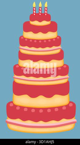Un'alta torta di compleanno in rosso e giallo con candele è visibile in un'immagine vettoriale. Illustrazione Vettoriale