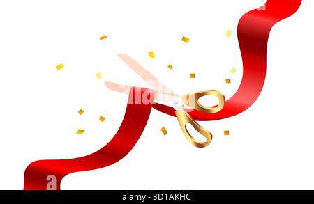 Cerimonia di inaugurazione. Le forbici dorate tagliano il nastro rosso, simboleggiando un nuovo inizio con i coriandoli festosi. Illustrazione vettoriale Illustrazione Vettoriale